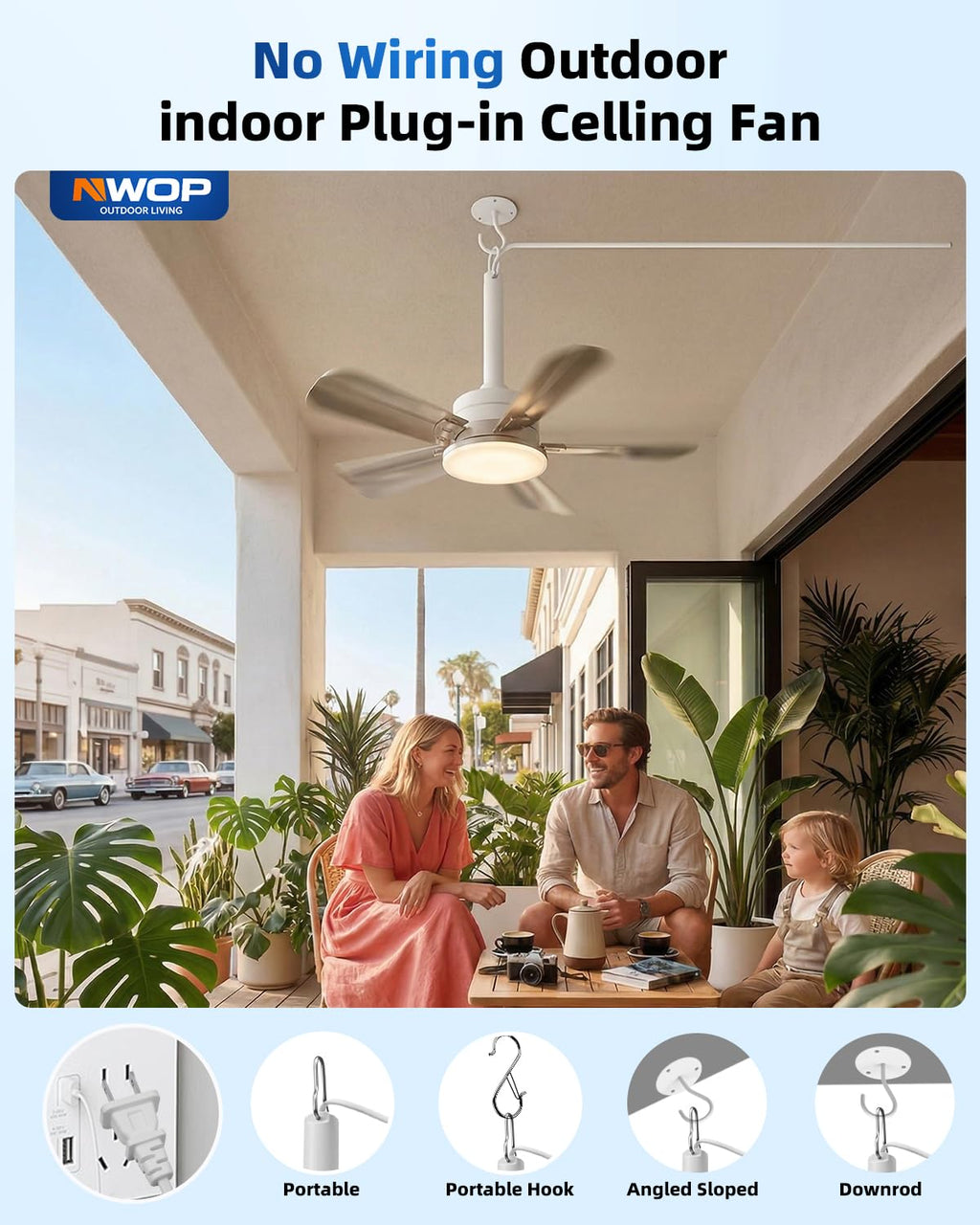 NWOP 20 Inch Plug-In Outdoor Ceiling Fan with Light and Remote, Waterproof Wet Rated Mini Ceiling Fan for Small Spaces, 5 Blade Quiet Compact Ceiling Fan for Patio Balcony Gazebo Porch, Platinum