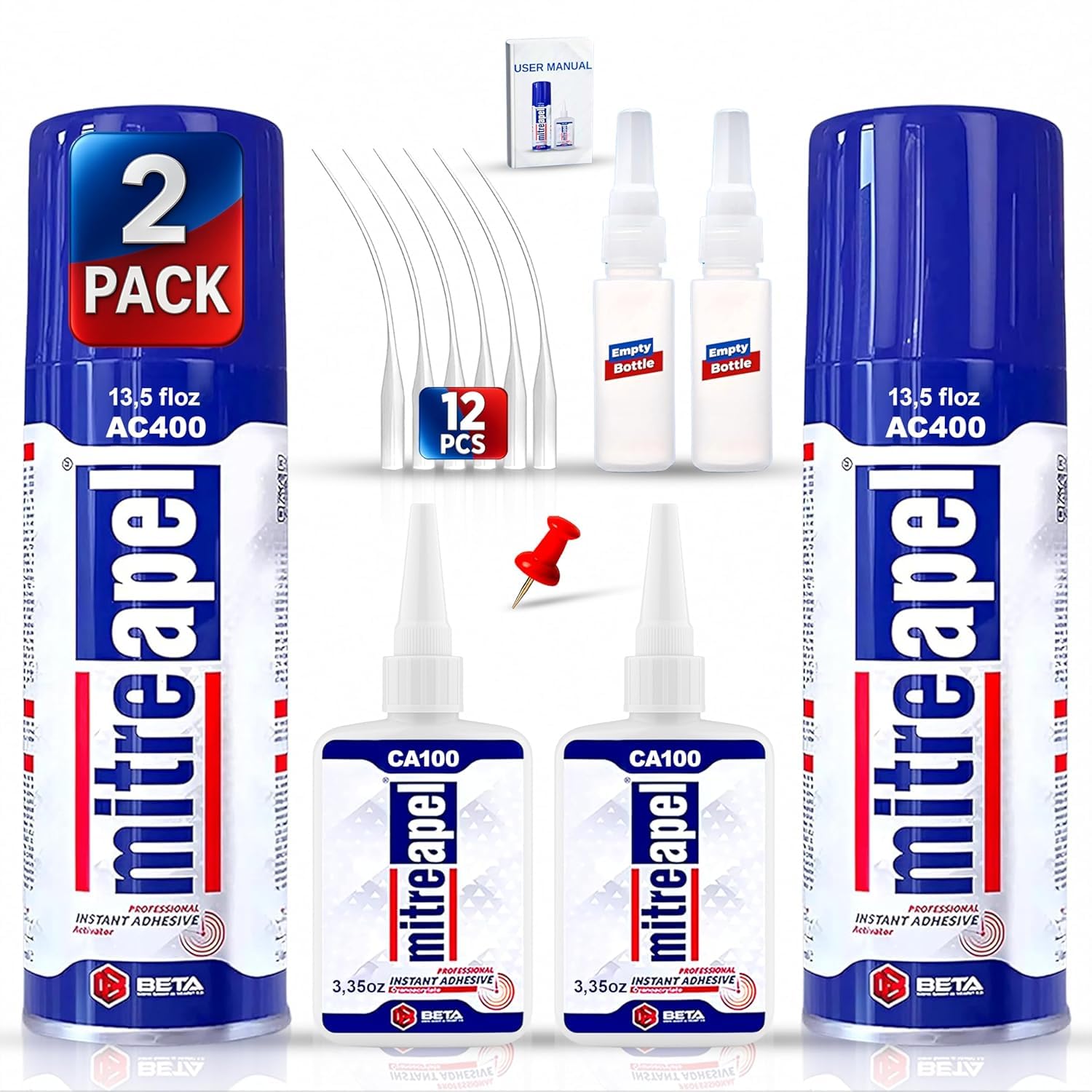 MITREAPEL CA Glue with Activator Kit 2x3.5 oz-2x13.5 oz Instant Bond Professional Cyanoacrylate Adhesive and Super Glue Accelerator for Woodworking with Extra Caps&Microtips,DIY&Craft, Plastic,Repair