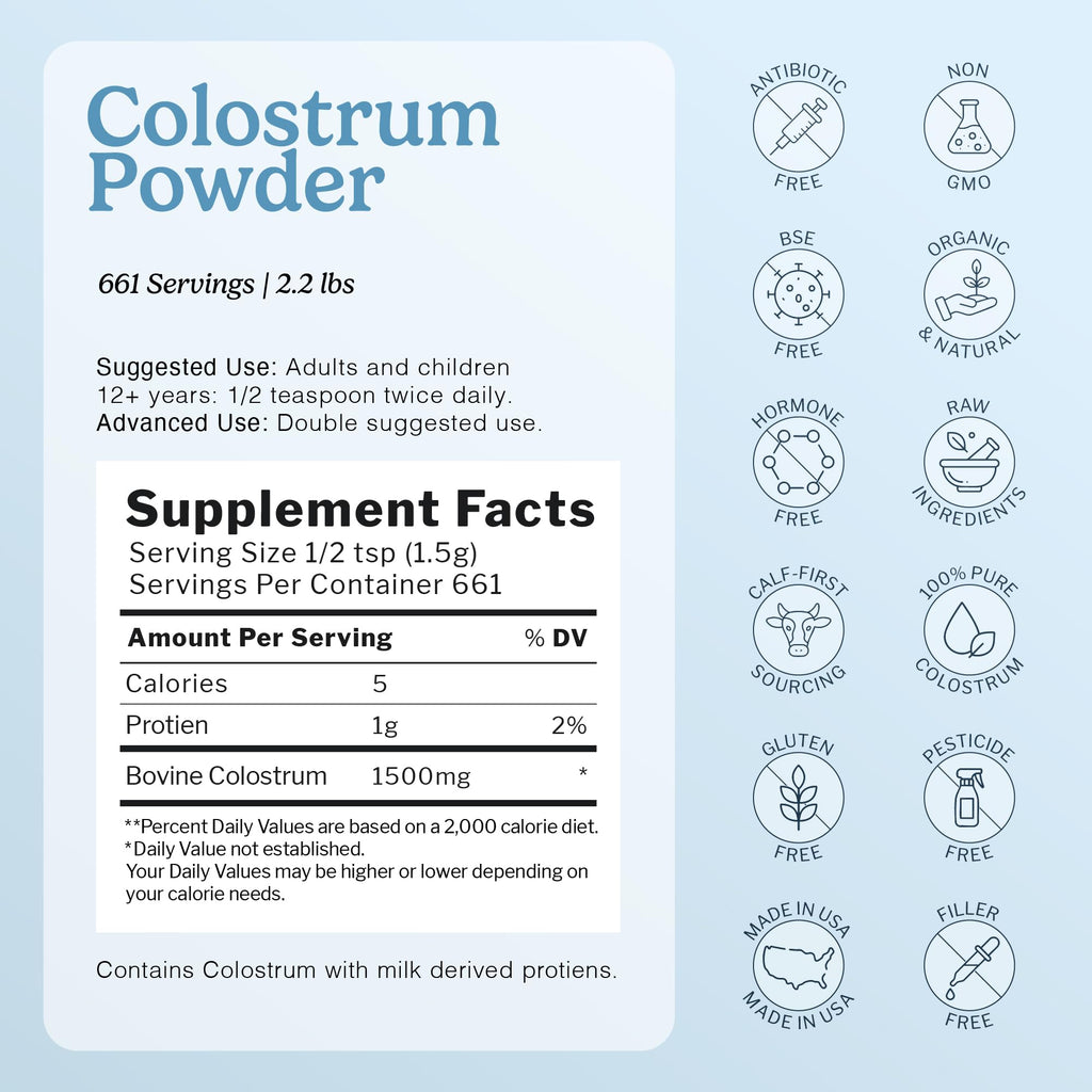 Immune-Tree 100% Pure Bovine Colostrum Powder (Grass-Fed) | High IgG for Immune Support & Gut Health | Anti-Aging | Colostrum Supplement for Adults & Kids | 2.2lb | 661 Servings
