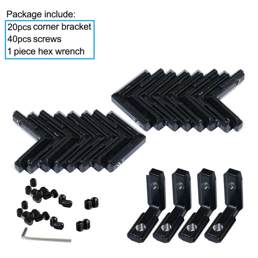 BLCCLOY 20Pcs 2020 Aluminum Extrusion Black Corner Bracket T Slot Inside L Shape Joint Angle Hardware Connector with Screws for 20 Series 20/20 2040 V Slot Extruded Aluminum Profile