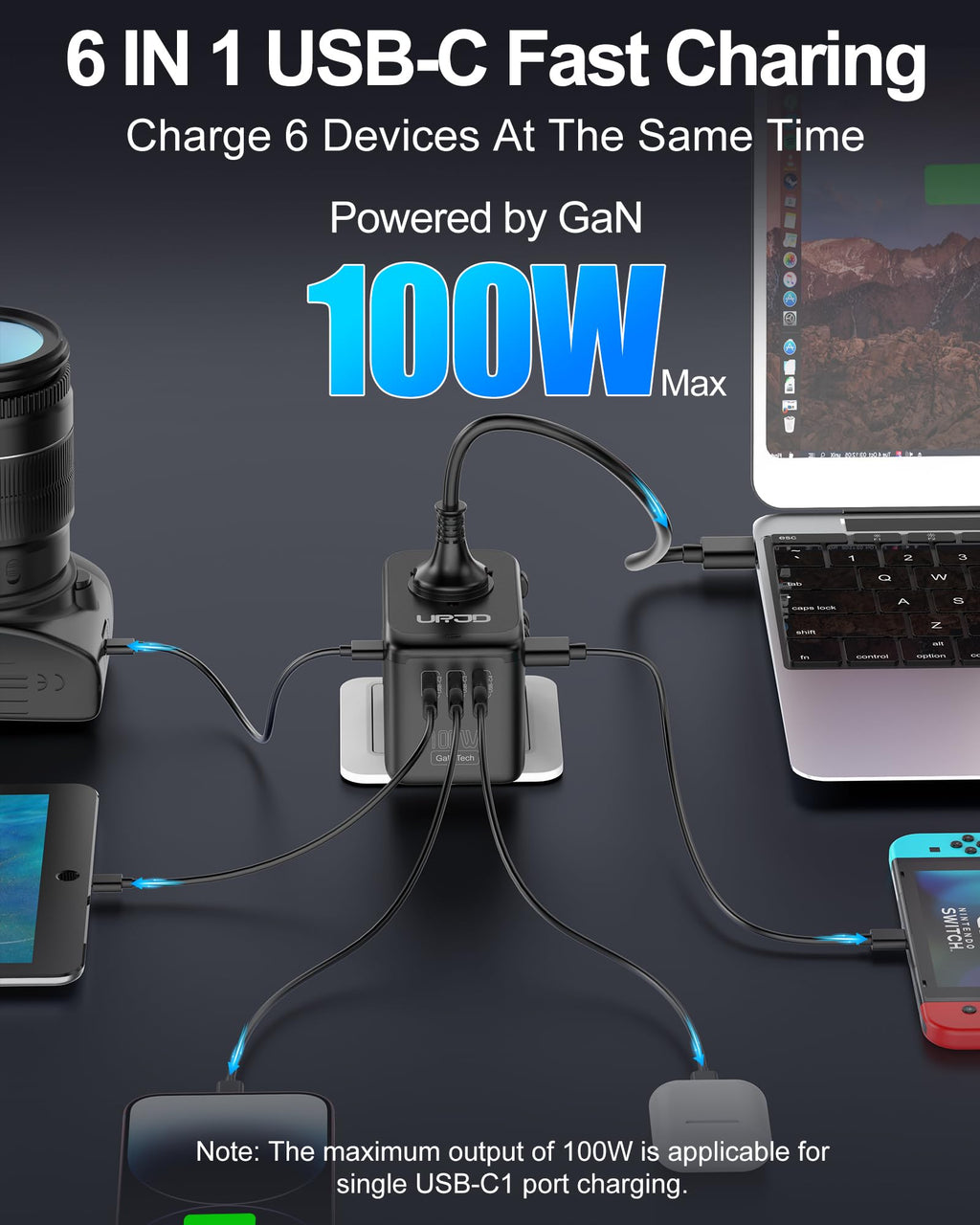 URJD Universal Travel Adapter 100W GaN Fast Charger in One, 5 USB Ports & 2500W AC Outlet, International Power Adapter for Europe UK US 200+ Countries, Compatible for MacBook iPhone iPads Laptop Phone