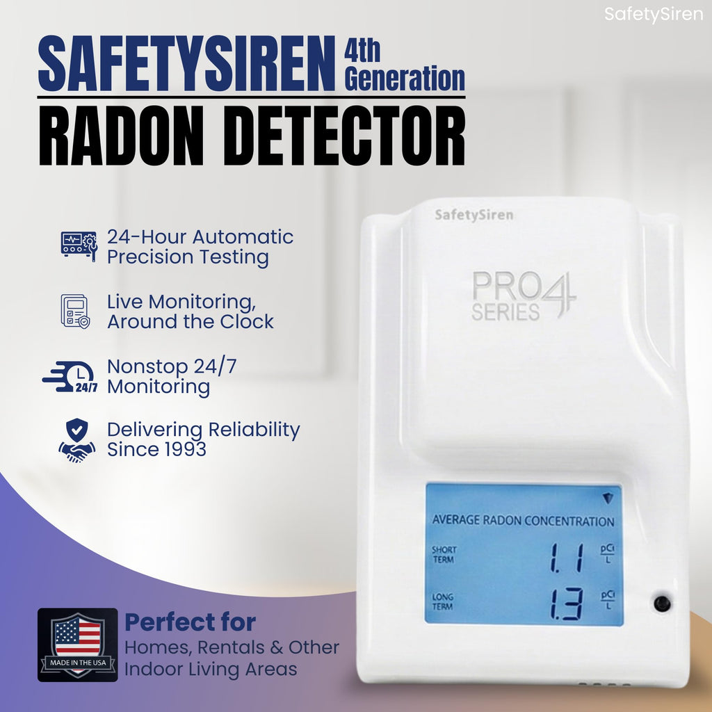 Safety Siren Pro4 Plug-in Radon Detector, Continuous Radon Gas Monitoring with Audible & Visual Alarms | Short & Long-Term Radon Detection for Home, Office, & Other Indoor Living Areas | Made in USA