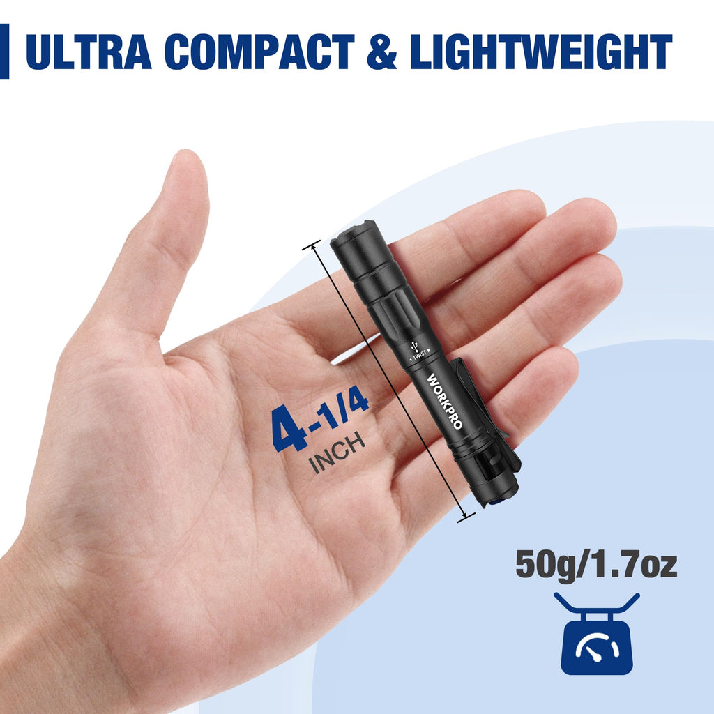 WORKPRO Rechargeable Pen Light, Mini Flashlight, 2 Pack Ultra-Compact EDC Flashlight, Pocket Flashlight with Clip, Memory Function and 2 x USB C Cable Included, Black