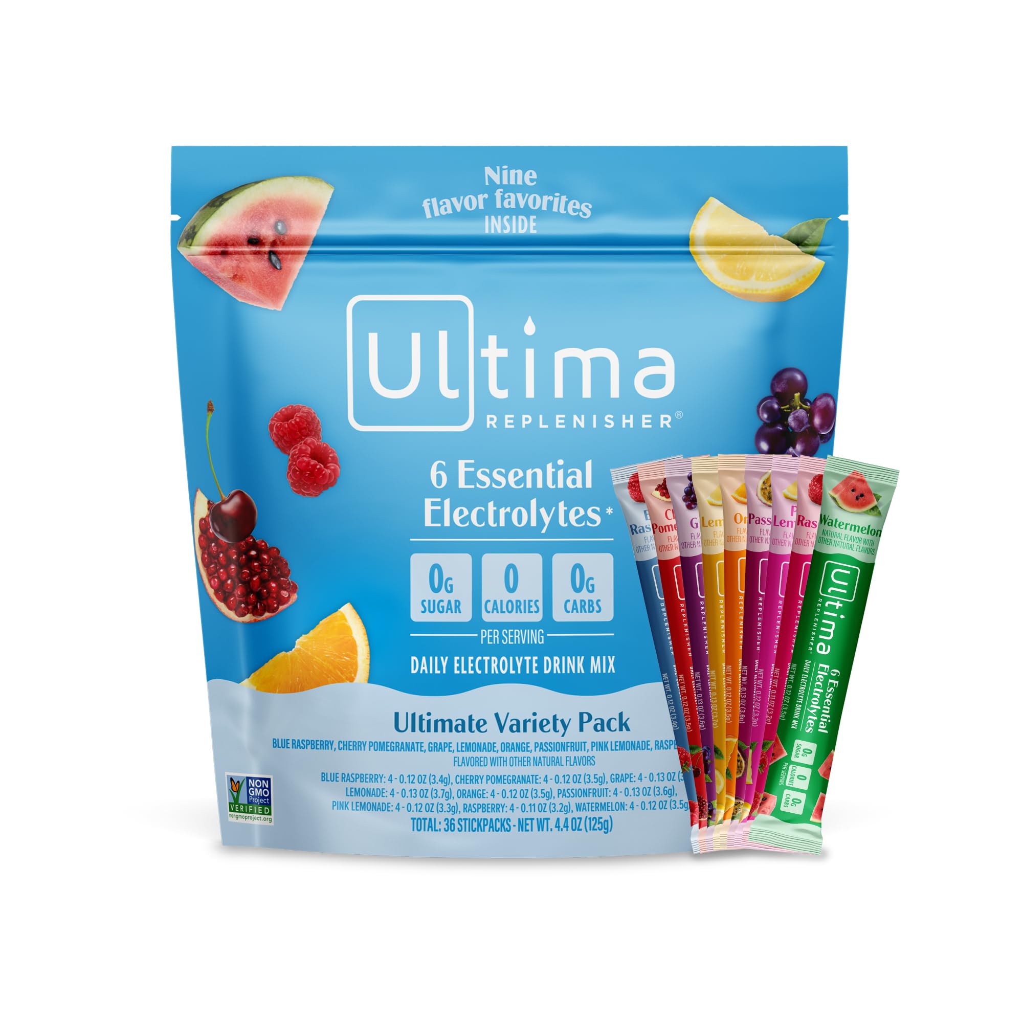 Ultima Replenisher Daily Electrolyte Powder – Ultimate Variety Pack, 36 Stickpacks – Zero Sugar Hydration Packets with 6 Electrolytes and Minerals – Sugar Free, Plant Based & Keto Friendly Drink Mix