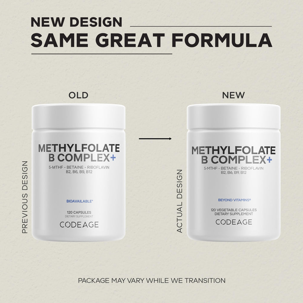 Codeage Methylfolate B Complex Supplements - 5 MTHF, Methylcobalamin 1000mcg Methylated Vitamin B12, Riboflavin, Betaine, Vitamins B6, Methylation Cycle MTHFR - 2 Months - 120 Capsules