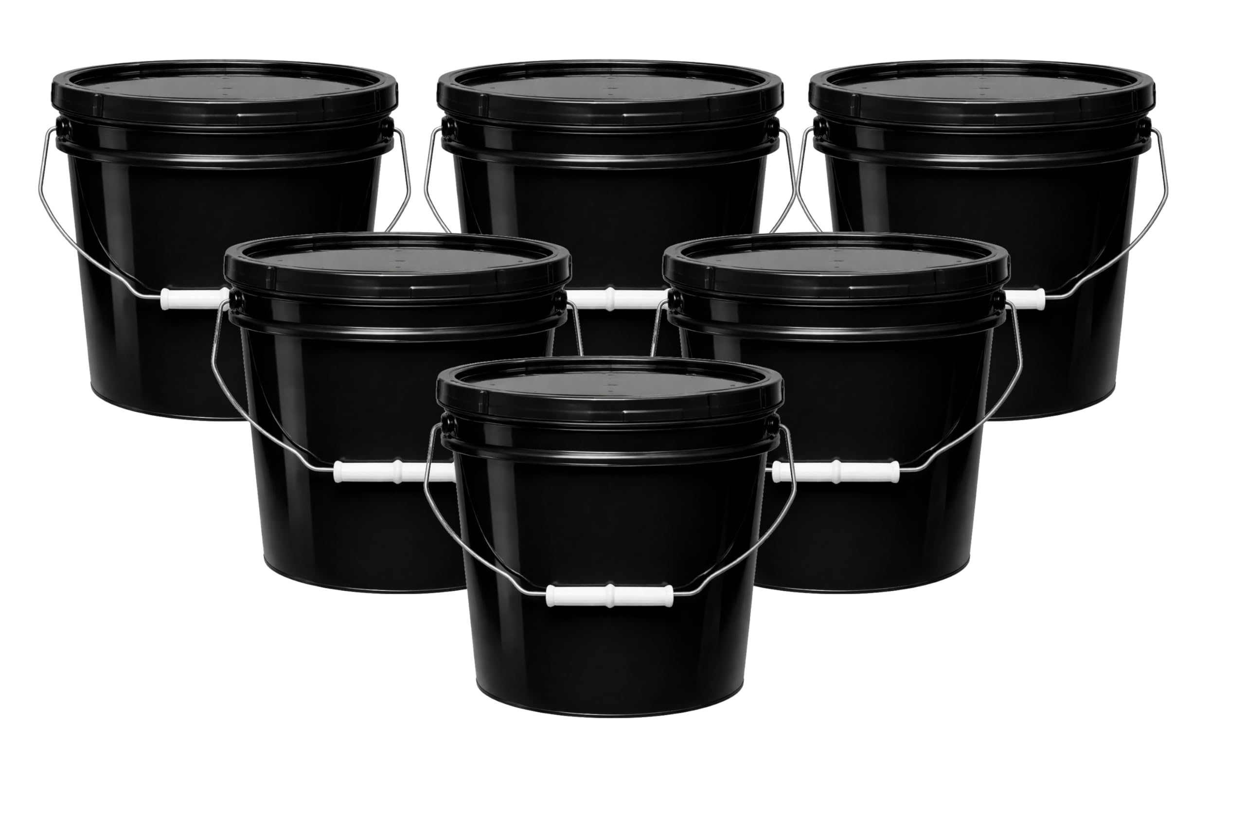 MKS Plastics 2-Gallon Bucket with Airtight Lid – Made in USA, Food Grade BPA Free Plastic, Heavy Duty Multi-Use, Metal Handle with Grip, Stackable Storage – Black, 6 Pack