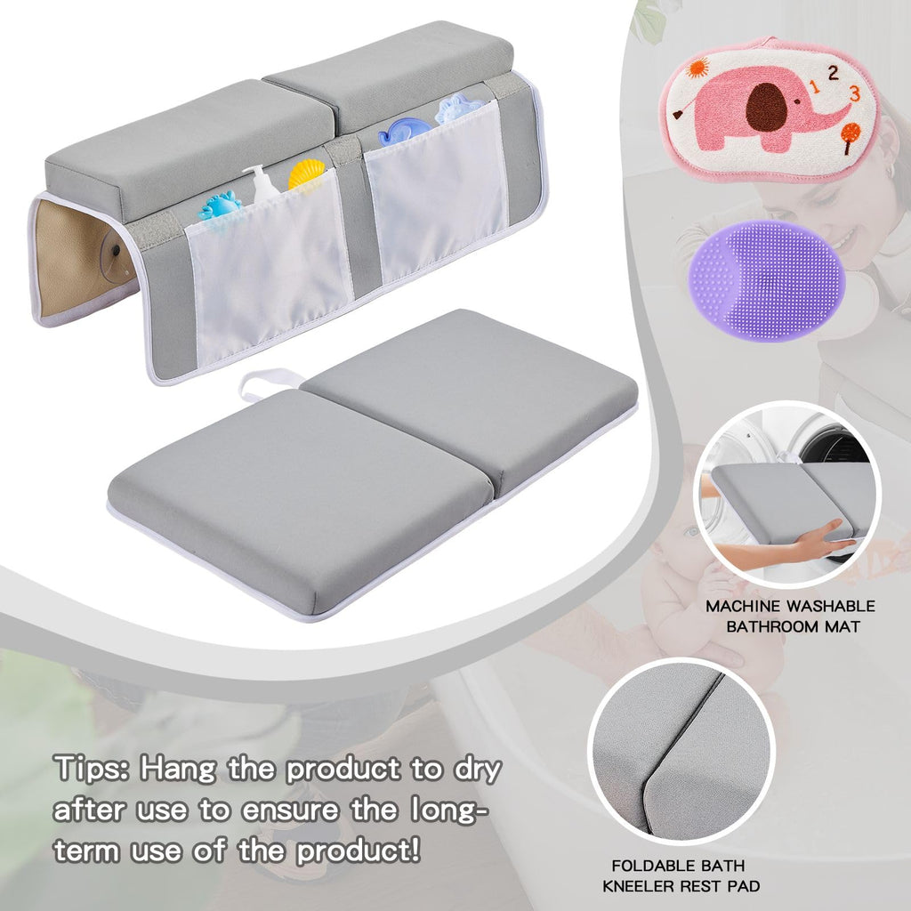 ILPEOD Bath Kneeler and Elbow Rest Pad Set, Thick Soft Quick Dry Bathtub Mat for Baby Bathing Time, Memory Foam With Toys Organizer, Gifts for Parents, Grey