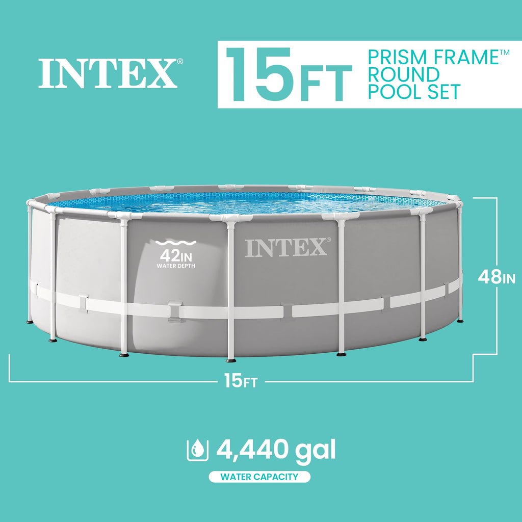 INTEX 26725EH Prism Frame Premium Above Ground Swimming Pool Set: 15ft x 48in – Includes 1000 GPH Cartridge Filter Pump – Removable Ladder – Pool Cover – Ground Cloth