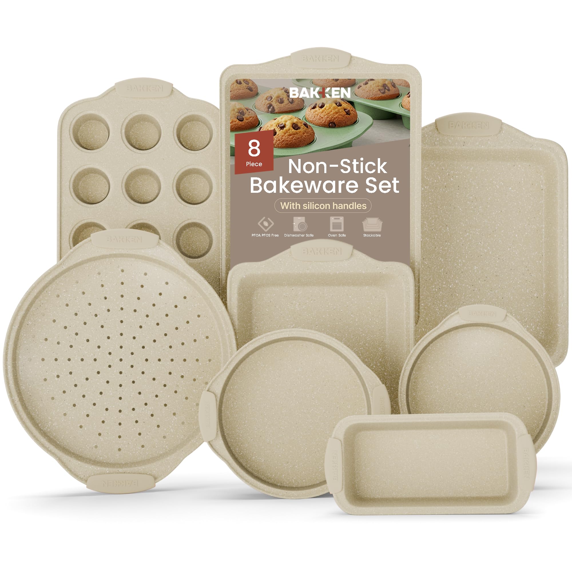 BAKKENMASTER Deluxe 8-Piece Carbon Steel Bakeware Set - Nonstick White Marble Coating, Silicone Handles - Professional Quality Kitchen Oven Baking Pans