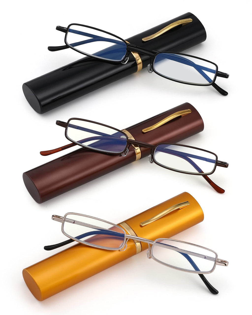 SOPHILY 3 Pack Slim Pocket Reading Glasses for Men Women Blue Light Blocking Compact Readers Spring Hinge Metal Frame, Yellow Black Grey Eyeglasses with Portable Pen Clip Tube Case, 3.00