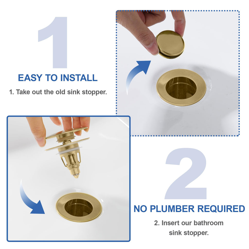 PerPaiMe Universal Bathroom Sink Stopper - Pop Up Sink Drain Stopper, Push Button Flixfilter Sink Drain Stopper Replacement, Wash Basin Drain Filter Plug Anti-Clogging Basket, Brushed Gold