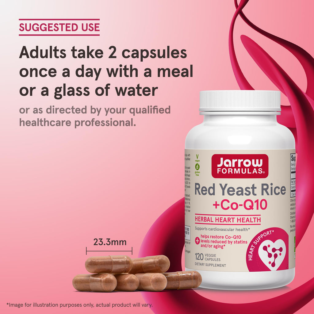 Jarrow Formulas Red Yeast Rice 1200 mg & CoQ10 100 mg Per Serving - 120 Veggie Caps, 60 Servings - Herbal Heart Health Dietary Supplement - Supports Cardiovascular & Cellular Health - Vegan