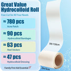 Hydrocolloid Bandages for Wound Care, Medical-Grade Hydrocolloid Roll with Self-Adhesive, Ultra Absorbent, Flexible & Waterproof, Cut-to-Size First Aid Kit Essential (2in*4.8ft)