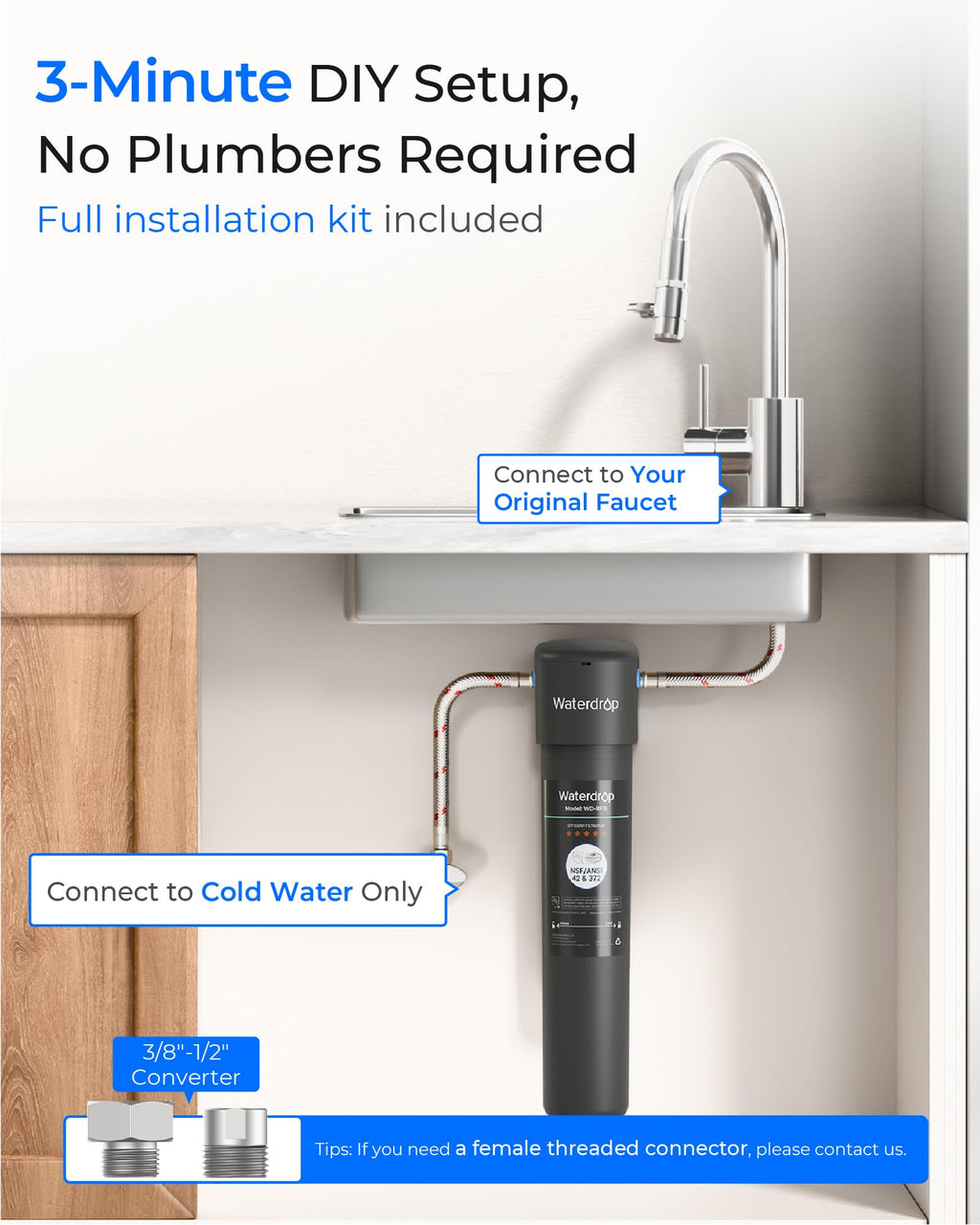 Waterdrop 15UA Under Sink Water Filter System, 19000 Gallons, Reduces Lead, Chlorine, Bad Taste & Odor, Under Counter Water Filter Connects Directly to Your Faucet, NSF/ANSI 42 Certified, 2 Years