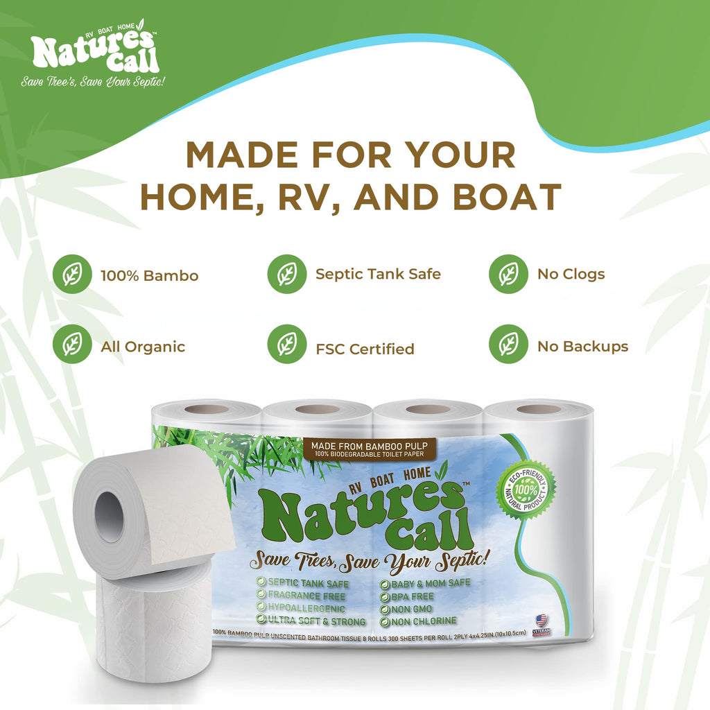 RVs, Boats & Home 100% Bamboo Toilet Paper by Nature's Call - 2-Ply, Soft, Strong, Tank Safe & Quick Dissolve Camper Toilet Tissue - Marine, Camping & Travel Toilet Paper - FSC Certified (8 Rolls)