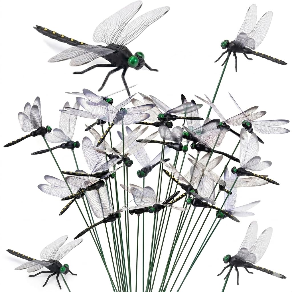IANMINJ 20 Pcs Black Dragonfly Decorative Stakes, Dragonfly Clip,Fake Dragonflies, Humming Bird Stakes Fake, Plastics Dragonfly for Hat Indoor Outdoor Yard Balcony Plant Flower Pot Decor