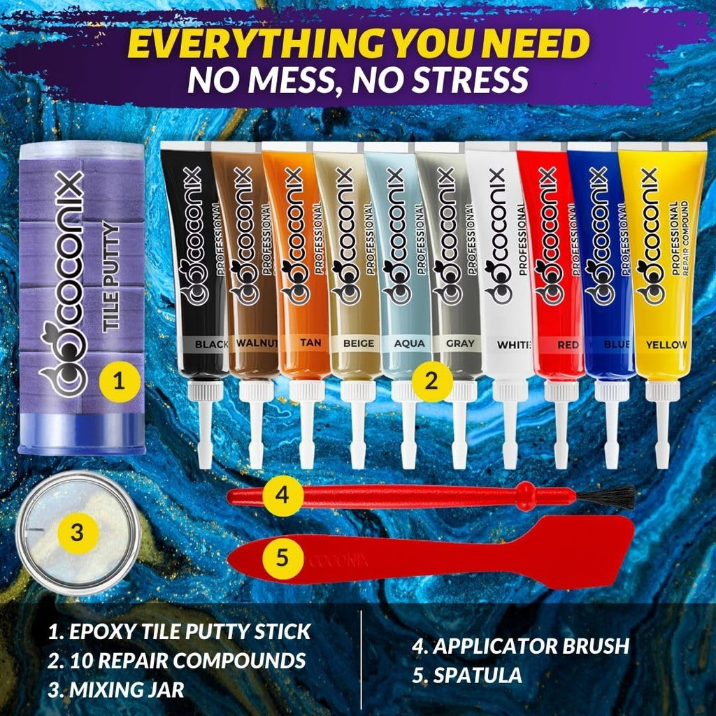 Coconix Tile & Stone Repair Kit | Fix Cracks, Chips, and Scratches on Bathtubs, Tile and Stone Floors, Walls, and Counters | Easy Application with Kneadable Putty