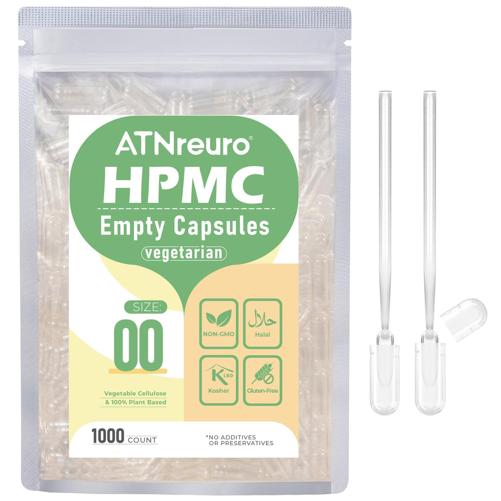 ATNreuro 00 Empty Vegan Capsules with 2 Micro Spoons - 1000 Count Empty Vegetarian Capsule - Empty Pill Capsules for Powders Supplements
