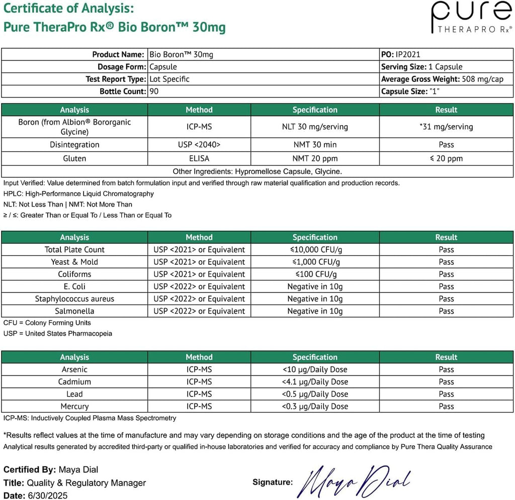 Pure TheraPro Rx Bio Boron, 30mg/Capsule, 90 Capsules, Bororganic Glycine Boron Supplements for Men & Women, Vegan Mineral Supplements for Bones, Cardiovascular Function & Immunity Support