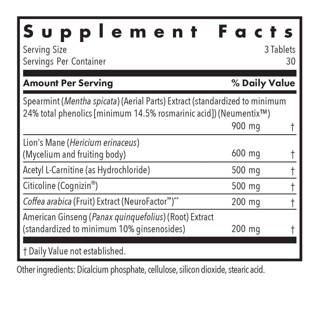 Allergy Research Group Advanced NeuroPlus - Nootropic Formula with Spearmint Extract, Lions Mane & Citicoline - Supports Working Memory Focus & Cognitive Function - 30 Servings - 90 Tablets