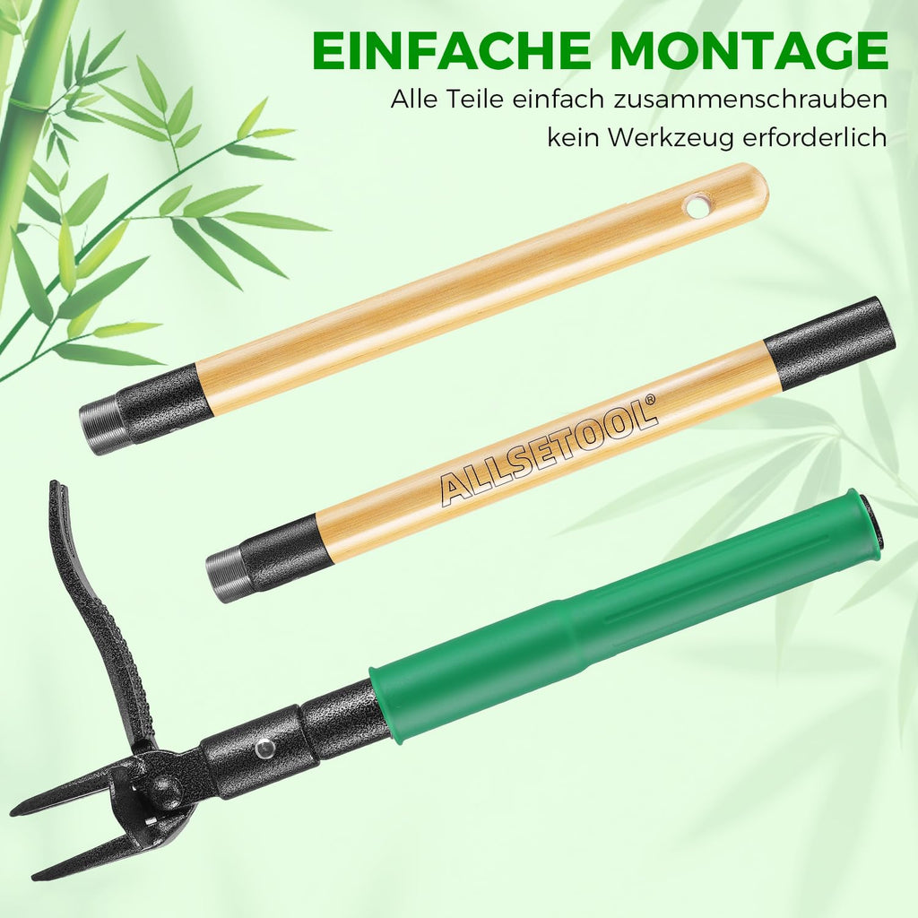 Allsetool Weed Puller Tool with 2 Weed Eject Feature, 43.7in Stand Up Dandelion Remover Tool, Real Bamboo Handle and Metal 4 Claw & Foot Pedal, Heavy Duty Garden Weeder