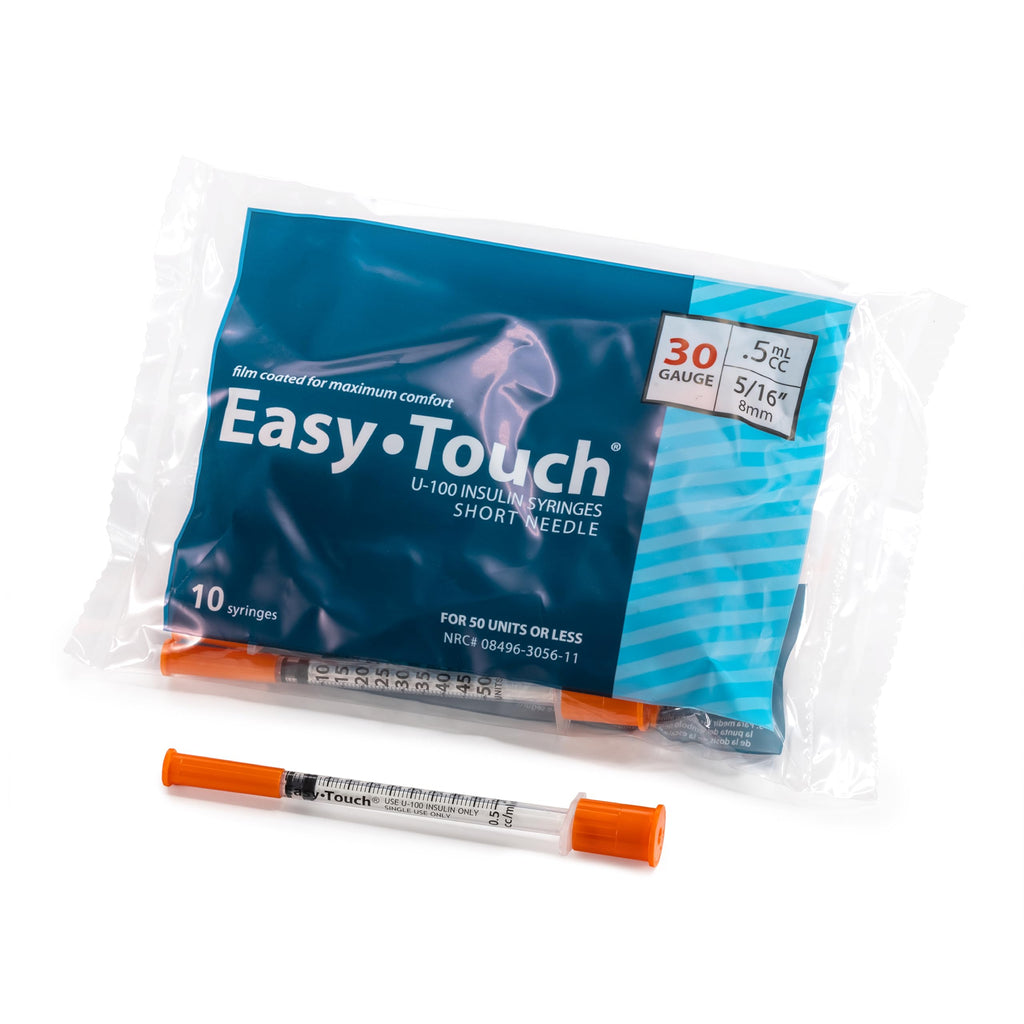 Easy Touch 30 Gauge U-100 Insulin Syringes (30G 0.5cc 5/16”) with 5/16” Short Needle, 0.5cc (50 Unit Capacity), Bold Markings for Accurate Dosing, Disposable, Box of 100