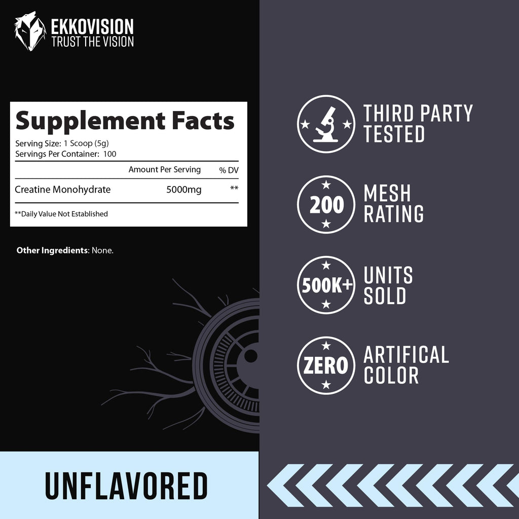 Ekkovision Creatine Monohydrate Powder, Micronized, Unflavored, Pre Workout & Post Workout Supplement for Men and Women, Energy Support, Easy to Mix in Shakes, Smoothies & Beverages, 100 Servings