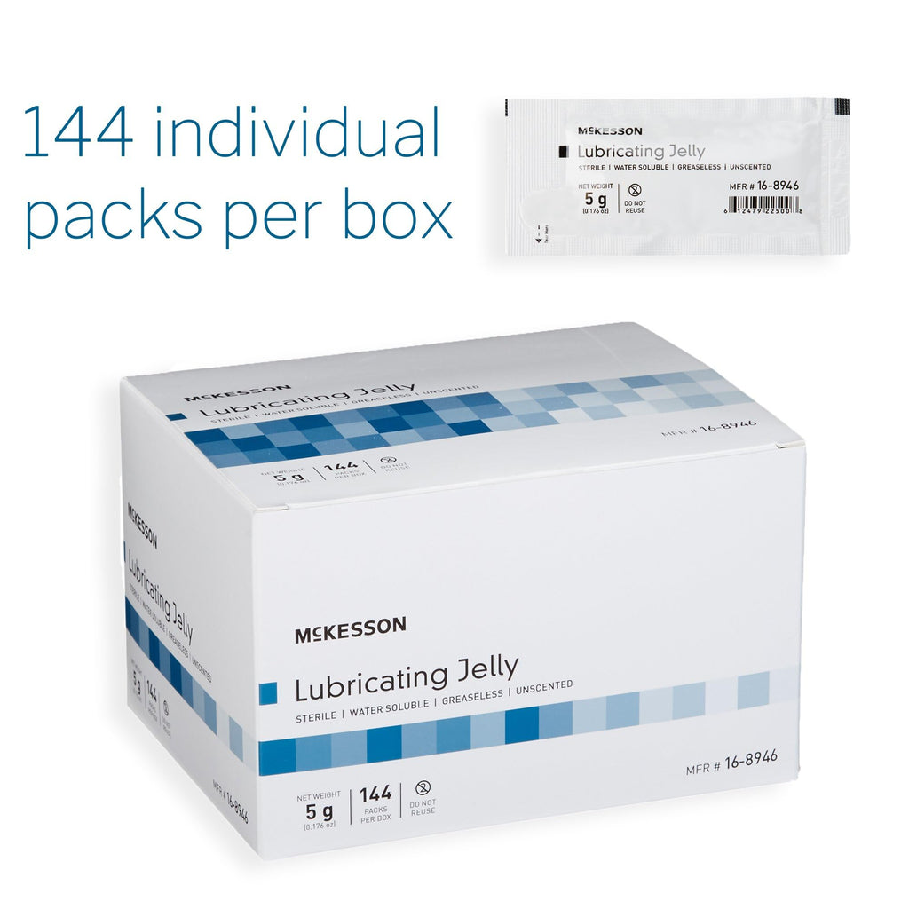 McKesson Lubricating Jelly, 5 g [144 Count] Water Based Non-Sticky Lube, Water Soluble Lubricant Gel - for Surgical, Medical, Personal – Sterile Individual Packets