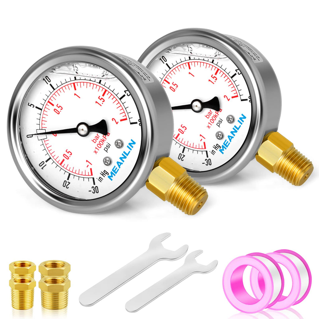 MEANLIN MEASURE -30inHG~30Psi Stainless Steel 1/4" NPT 2.5" FACE DIAL Vacuum Pressure Gauge, Lower Mount (Pack of 2), with 1/2" NPT and 3/8" NPT Hex Bushing