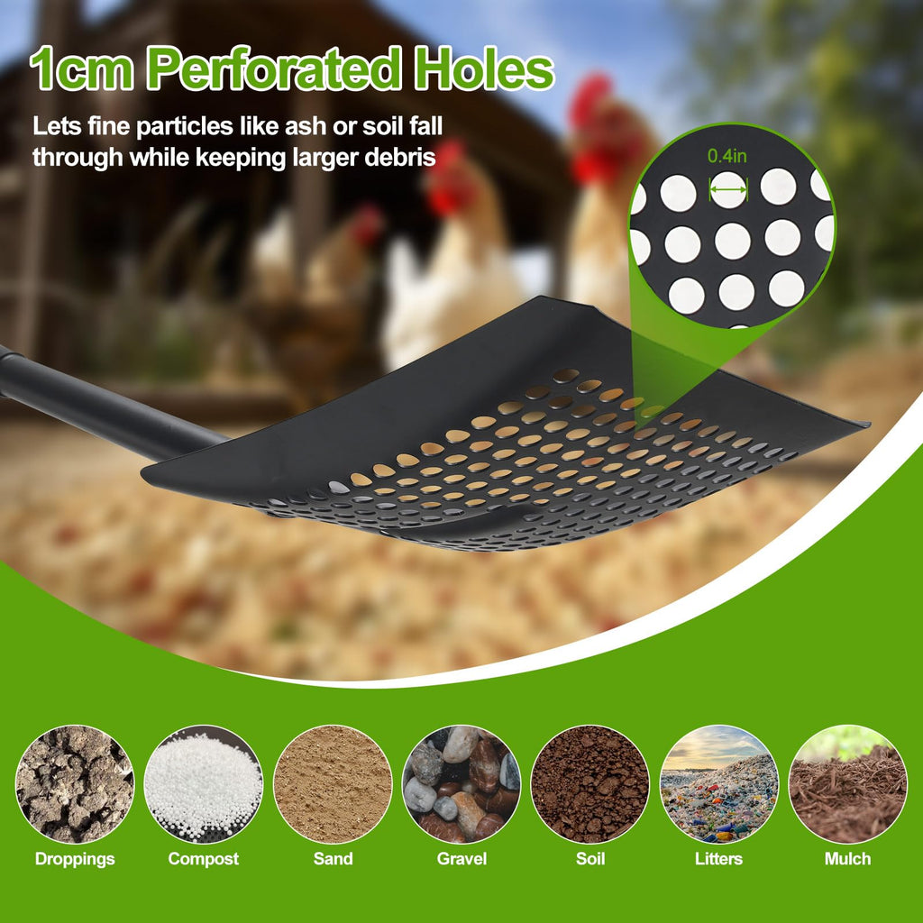 Sifter Shovel for Chicken Coop, 47 Inch Heavy Duty Beach Sifting Shovel for Sand Rock Poop Cleaning, Metal Detector Shovels for Farm, Gardening, D-Grip Handle, Square Gardening Shovels