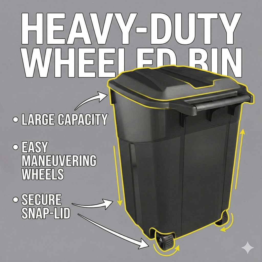 32 Gallon Outdoor Trash Can with Lid, Heavy-Duty Wheeled Garbage Bin for Backyard, Deck or Garage, Black, Can with Attached Snap Lock Lid and Heavy-Duty Handles (32 Gallon)