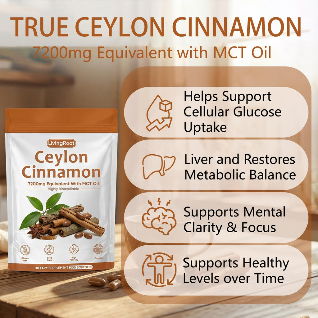 SCEZROB Living Root Ceylon Cinnamon - 300 Softgels 7200mg Equivalent with MCT Oil, Livingroot Organic Ceylon Cinnamon Powder Supplement for Supports Metabolism, Liver Function & Energy (1)