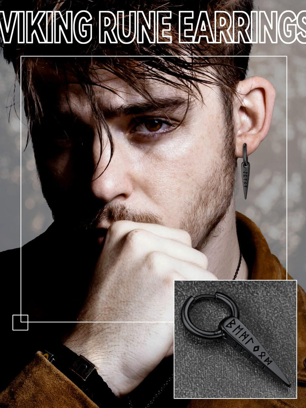 FaithHeart Viking Runes Spike Dangle Huggie Hoop Earrings for Men Black