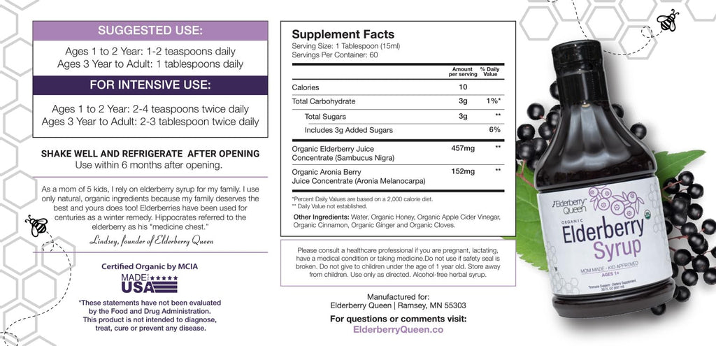Elderberry Queen Organic Elderberry Syrup 30 Fl Oz - Immune Support Formula with Sambucus Black Elderberry & Aronia Berry - Pure Natural Certified Organic Elderberry Syrup for Kids and Adults