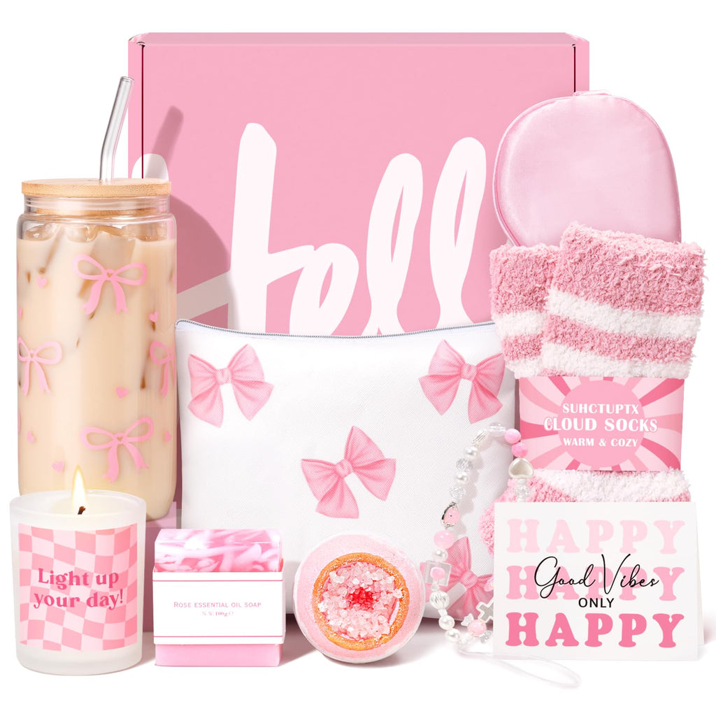 Gift Baskets for Women, 9pcs Birthday Gifts for Teenage Girls, Best Christmas Ideas Box w/Coquette Bow Aesthetic Cup Trendy Stuff for Her Teen Girl Sister Friend Friendship Sweet 16th 18th 21st Bday