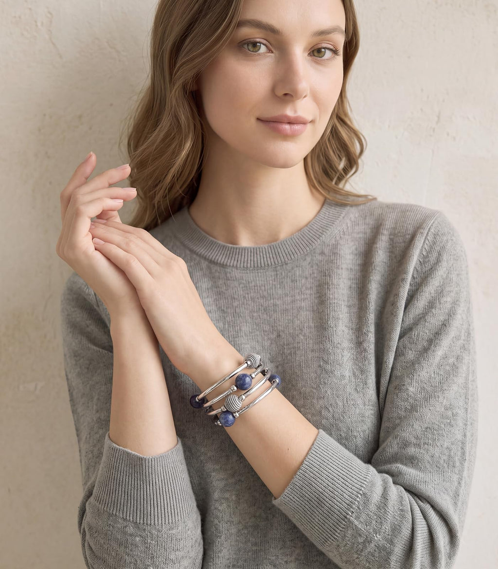 PEARL&CLUB Beaded Chakra Bangle Turquoise Bracelet - Fashion Jewelry Wrap Bracelet with Thick Silver Metal and Mala Beads, Birthday Gifts For Women(63-Navy Blue)