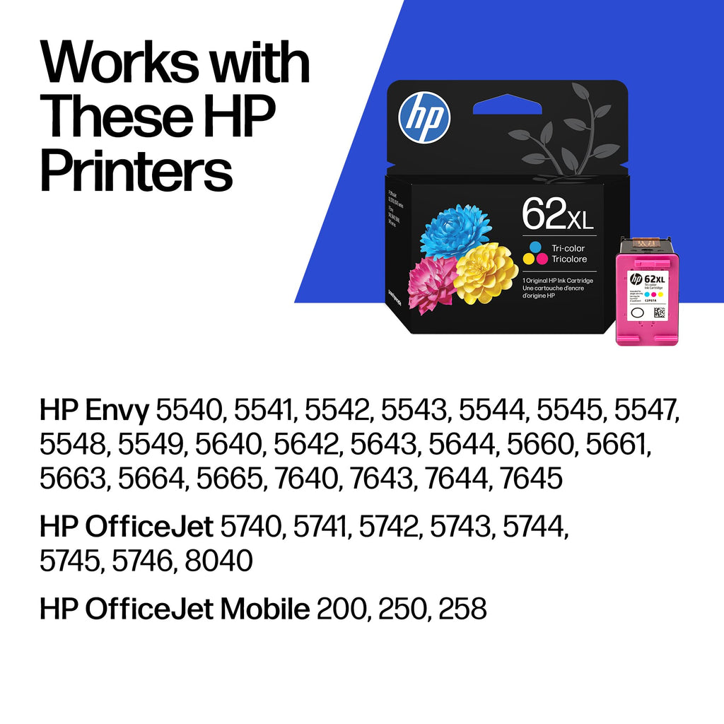 HP 62XL Tri-Color High-Yield Ink | Works with Envy 5540, 5640, 5660, 7640, OfficeJet 5740, 8040, Mobile 200, 250 | C2P07AN | Packaging May Vary