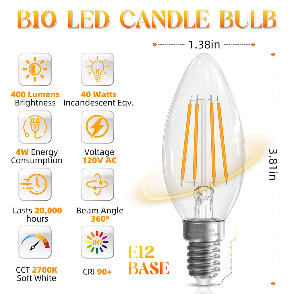 GvvooHome E12 Candelabra Bulb 40 watt Equivalent, E12 LED Bulb Non-Dimmable Chandelier Light Bulbs, B10 Candle Light Bulbs 2700K Soft White, 90+CRI, 400LM, Cear Glass, 12 Pack