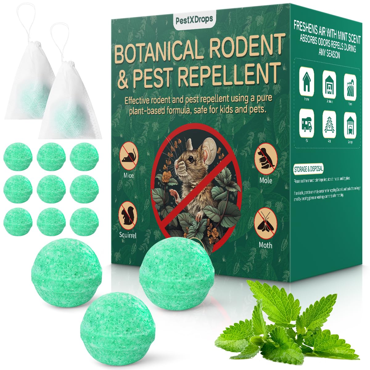 Rodent Mouse Repellent Balls 14 Pack, Moth Balls for Rodents Mouse Deterrent, Peppermint Oil Pest Control for Rodents, Squirrels, Skunk, Mole, Gopher, Pets Safe, Indoor and Outdoor Use