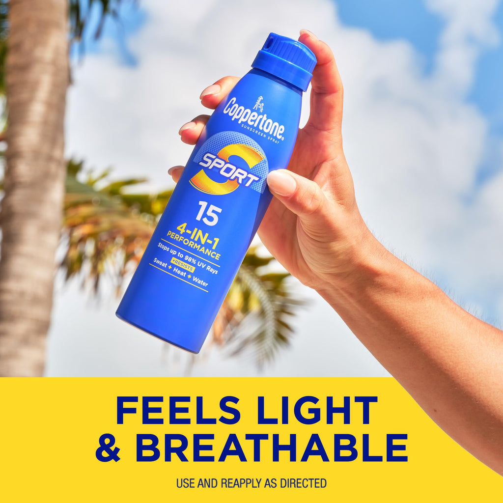 Coppertone Sport Sunscreen Spray, Broad Spectrum SPF 15 Water Resistant Spray Sunscreen, 5.5 Oz, Pack of 3