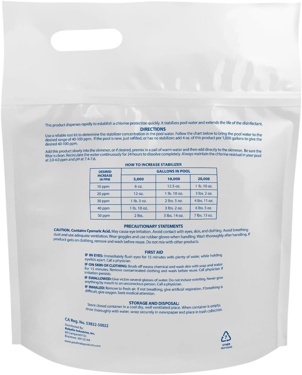 Pool Mate 7-Pounds Premium Pool Stabilizer and Conditioner, Concentrated Cyanuric Acid for Pools, Helps Chlorine Last Longer