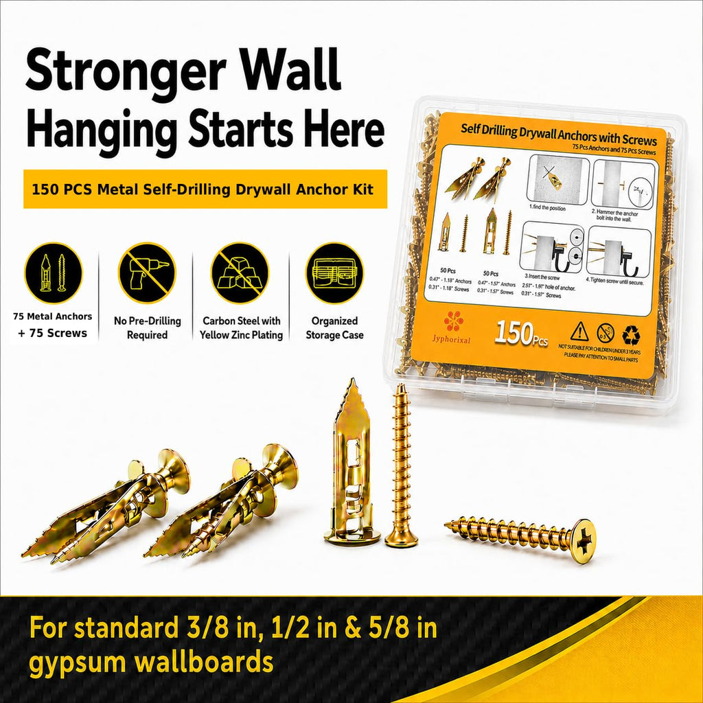 Jyphorixal 150Pcs Self Drilling Drywall Anchors with Screws Kit,Zinc Plated Steel,2 Sizes Expansion Screws and 2 Sizes Wall Anchors, Easy Application No Drill or Holes in Wall.