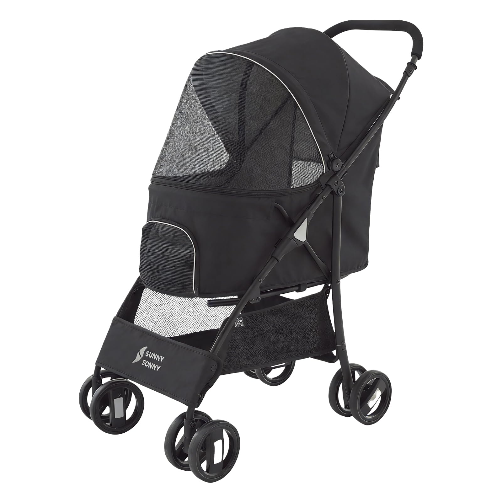 4 Wheels Pet Stroller,Easy-Foldable Dog Cat Cage Jogger Stroller with Weather Cover for All-Season,Storage Basket and Visible Mesh for Small/Medium Pets up to 33lbs (Black)