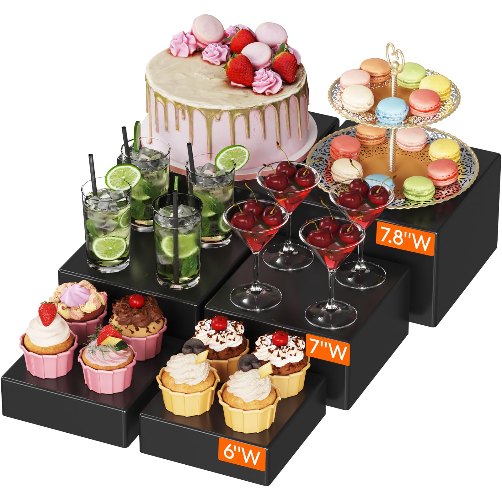 Lifewit 3 PCS Buffet Risers and Stands, Food Risers for Buffet Table, Up to 20 cm/8" Dessert Cake Holder for Party, Collectibles Jewelry Display Shelf, Nesting Cube Boxes, Black, (6",7",7.8")