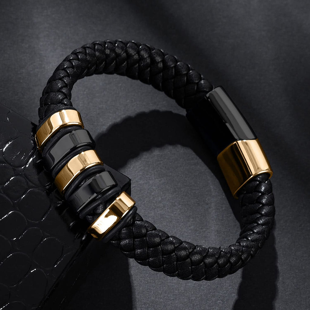 LJWVX Mens Black Leather Bracelets, Braided Leather Wristband CuffBracelet for Men, Gift for Dad