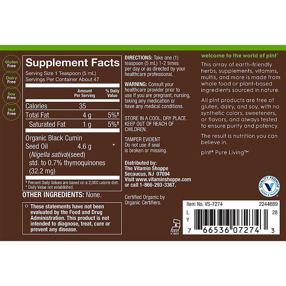 plnt Organic Black Seed Oil a Superfood for Immune & Respiratory Support a Cold-Pressed (8 fl. oz.)