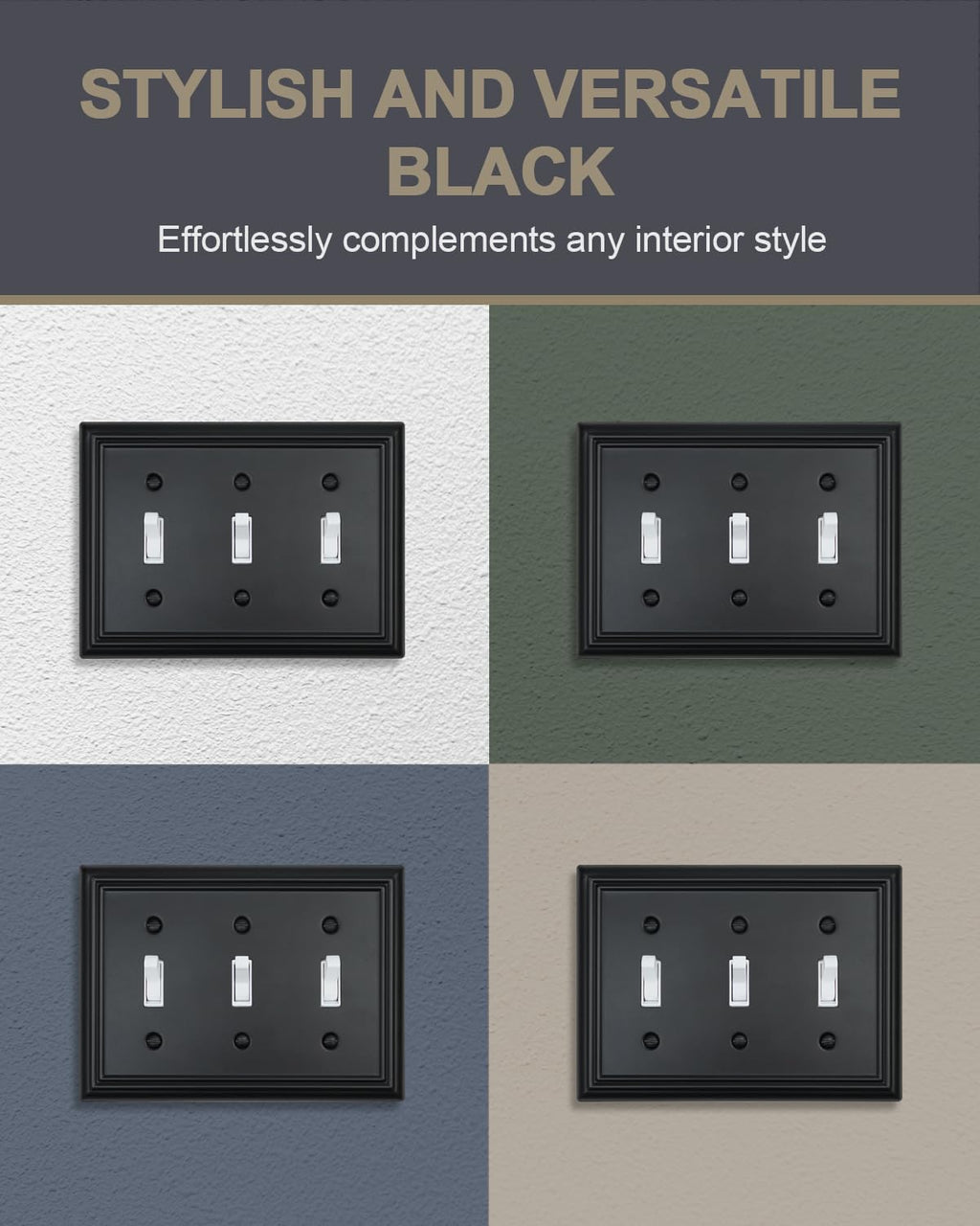 ZILLSEA Decorative Framed Design Switch Plates Outlet Covers, Duable Metal Wall Plates (Black/3 Toggle 2 Pack)
