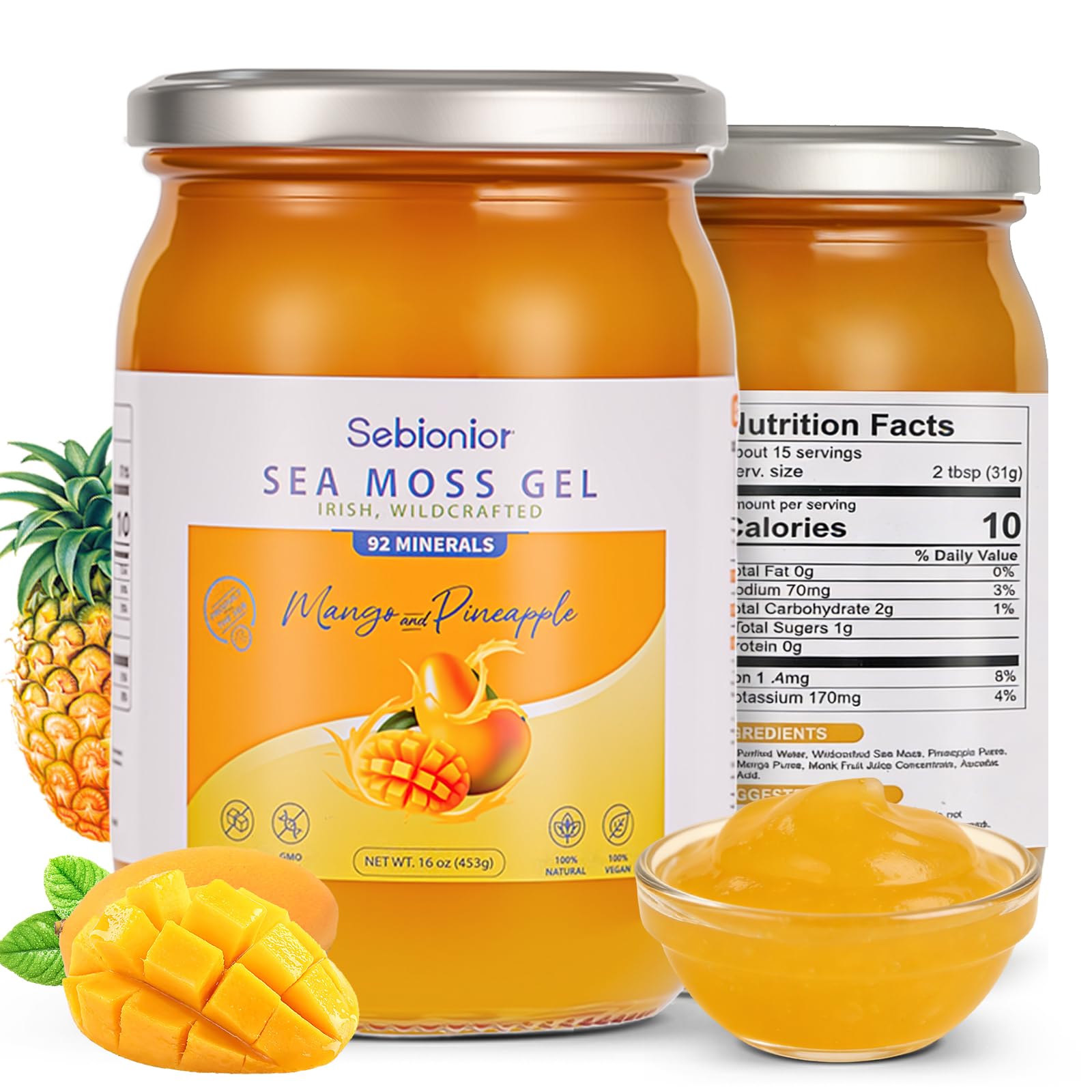 Sebionior Sea Moss Gel with Essential Vitamins, Trace Minerals, Vegan Superfoods for Jams, Jellies, and Sweet Sauces (Mango)