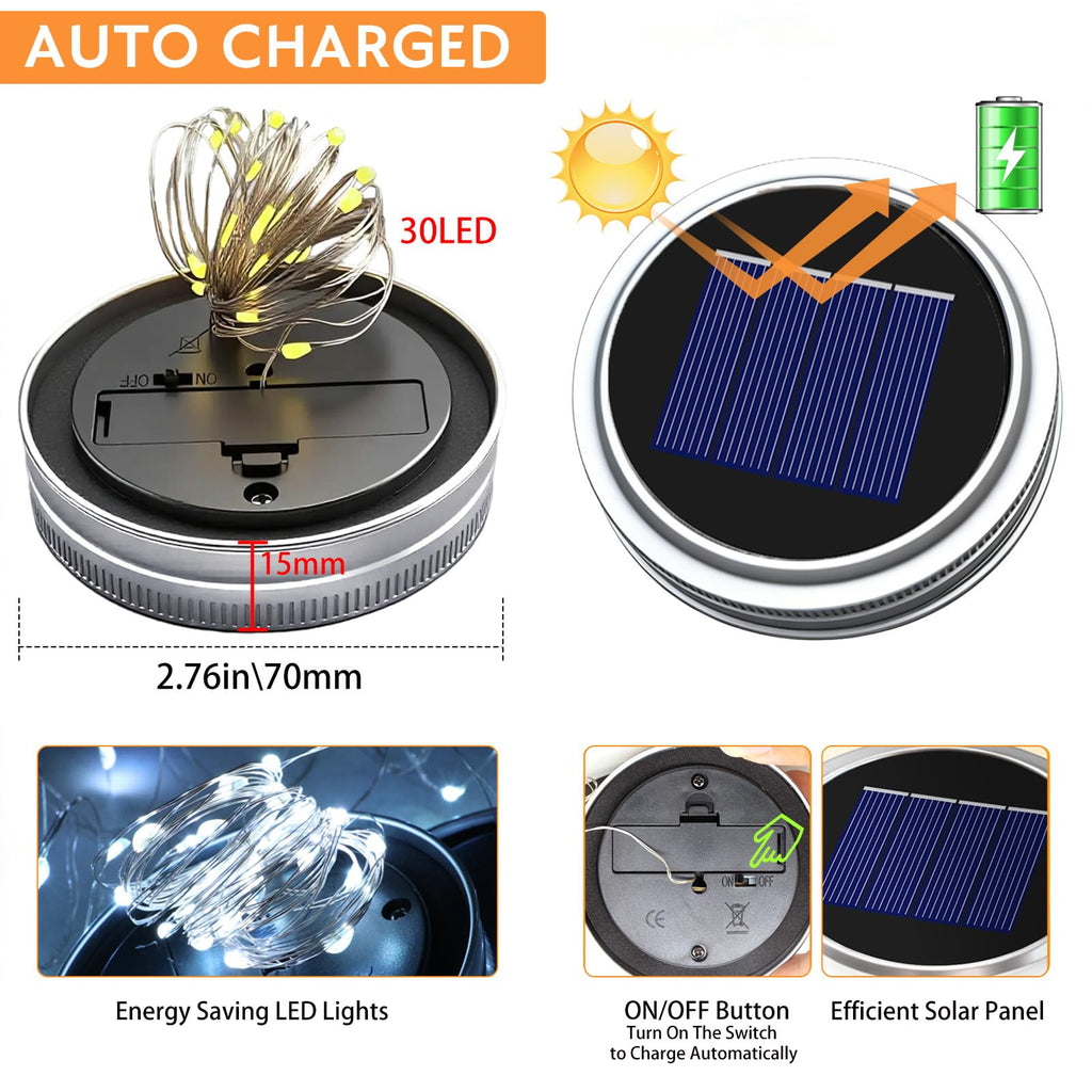 VOOKRY 6 Pack Solar Mason Jar Lights, 30 LED Mason Jar Lids Waterproof Firefly Fairy String Lights with 6 Hangers(No Jars), for Outdoor Patio Garden Yard Lawn Party Wedding Decoration - Cool White