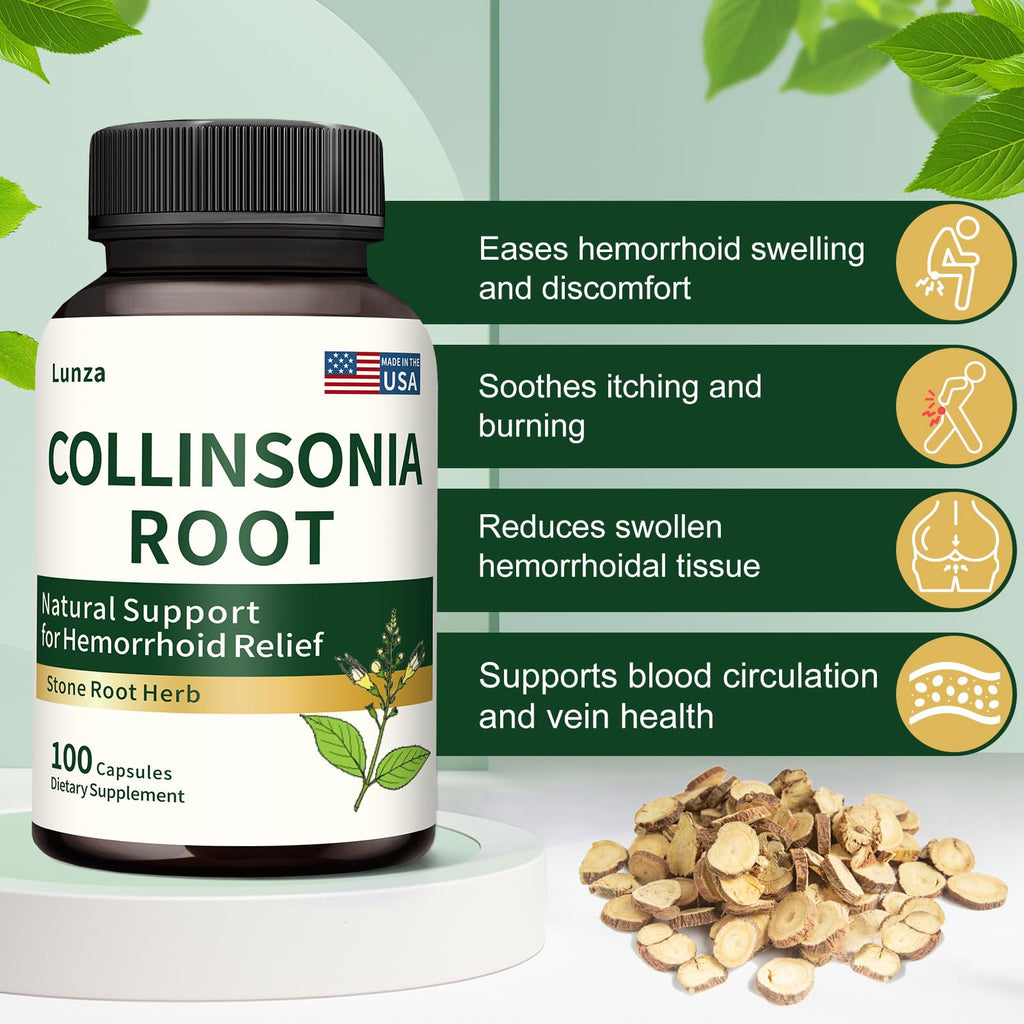 Lunza Collinsonia Root - Relieves Hemorrhoid Swelling & Discomfort - Supports Vein Health & Circulation - Natural Herbal Formula, Non-GMO - 100 Capsules